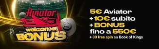 Offerta di benvenuto BWIN con 5€ su Aviator, 10€ subito, bonus fino a 550€ e 30 free spin su Book of Kings